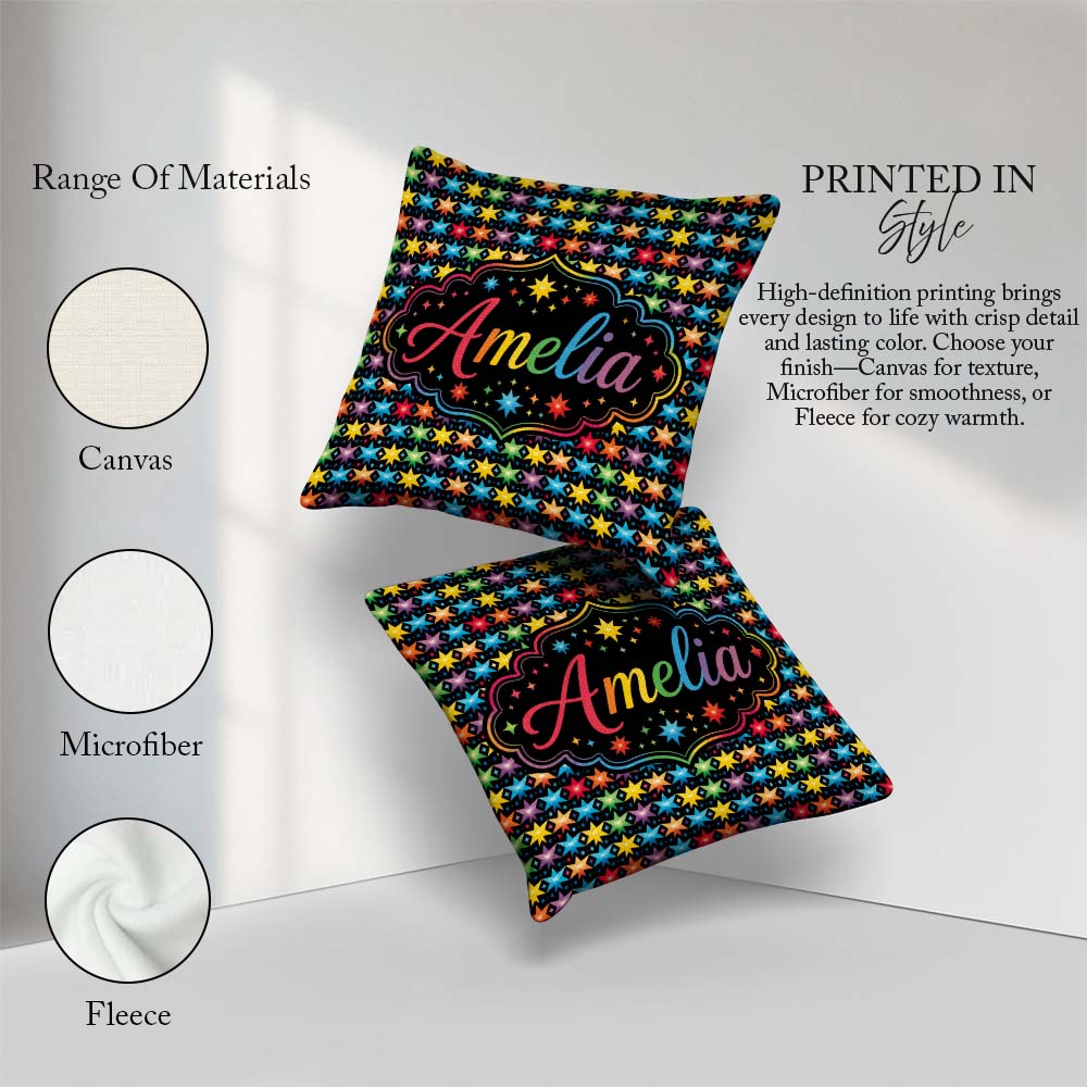 Custom Name Bright Rainbow Star Geometric Seamless Pattern Name Square Filled Cushion Throw Pillow Sofa Bed Home Decor Zip Washable UK Made