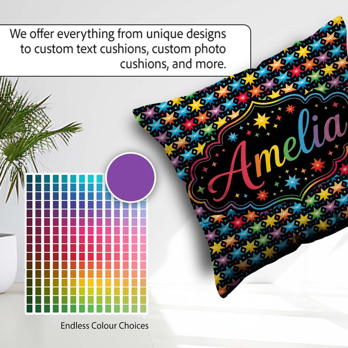 Custom Name Bright Rainbow Star Geometric Seamless Pattern Name Square Filled Cushion Throw Pillow Sofa Bed Home Decor Zip Washable UK Made