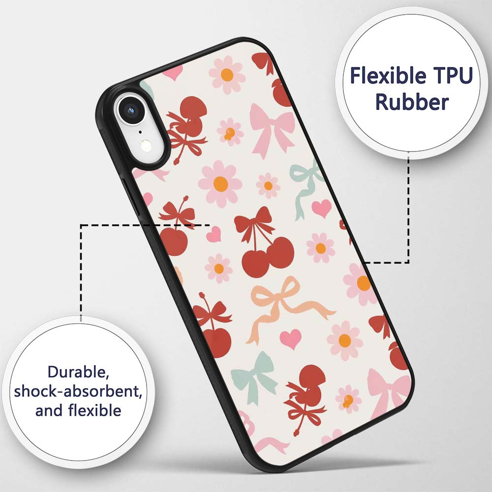 Cute Cherry Bow Daisy Heart Seamless Pattern on Custom Name Protective Phone Case Mobile Cover Durable Everyday Smartphone Shock Resistant