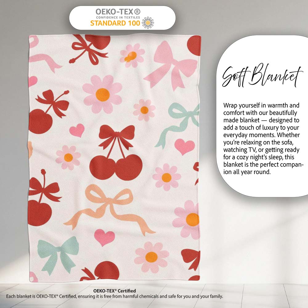 Cute Cherry Bow Daisy Heart Seamless Pattern on Light Neutral Cream Personalised Custom Name Super Soft Fleece Blanket Bed Sofa Throw