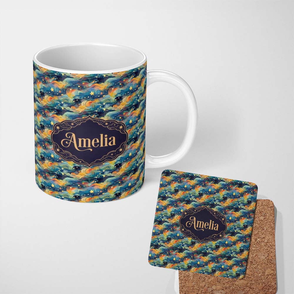 Personalized Custom Name Dreamy Galaxy Waves Stars Artistic Seamless Pattern Name Cute 11oz Ceramic Coffee Tea Mug White Large Handle