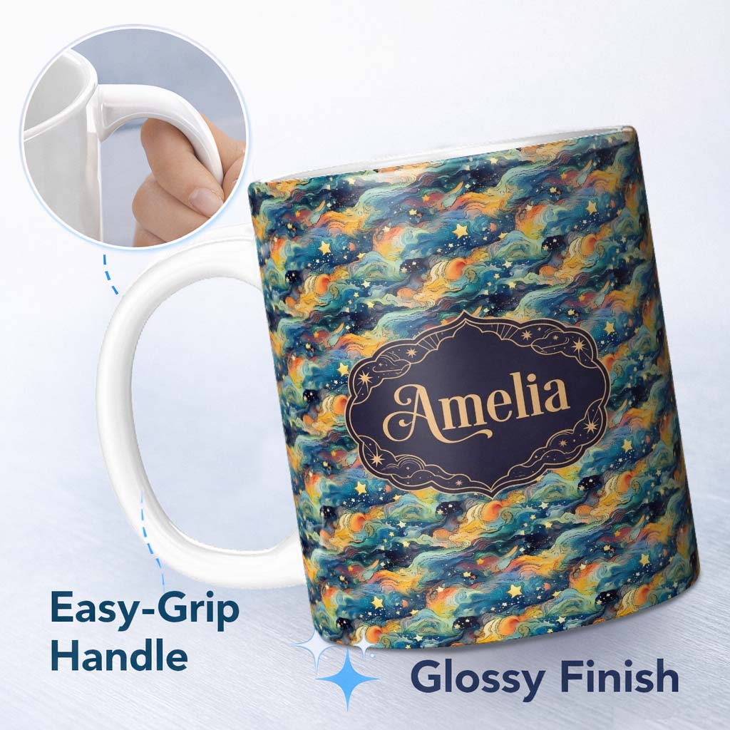 Personalized Custom Name Dreamy Galaxy Waves Stars Artistic Seamless Pattern Name Cute 11oz Ceramic Coffee Tea Mug White Large Handle