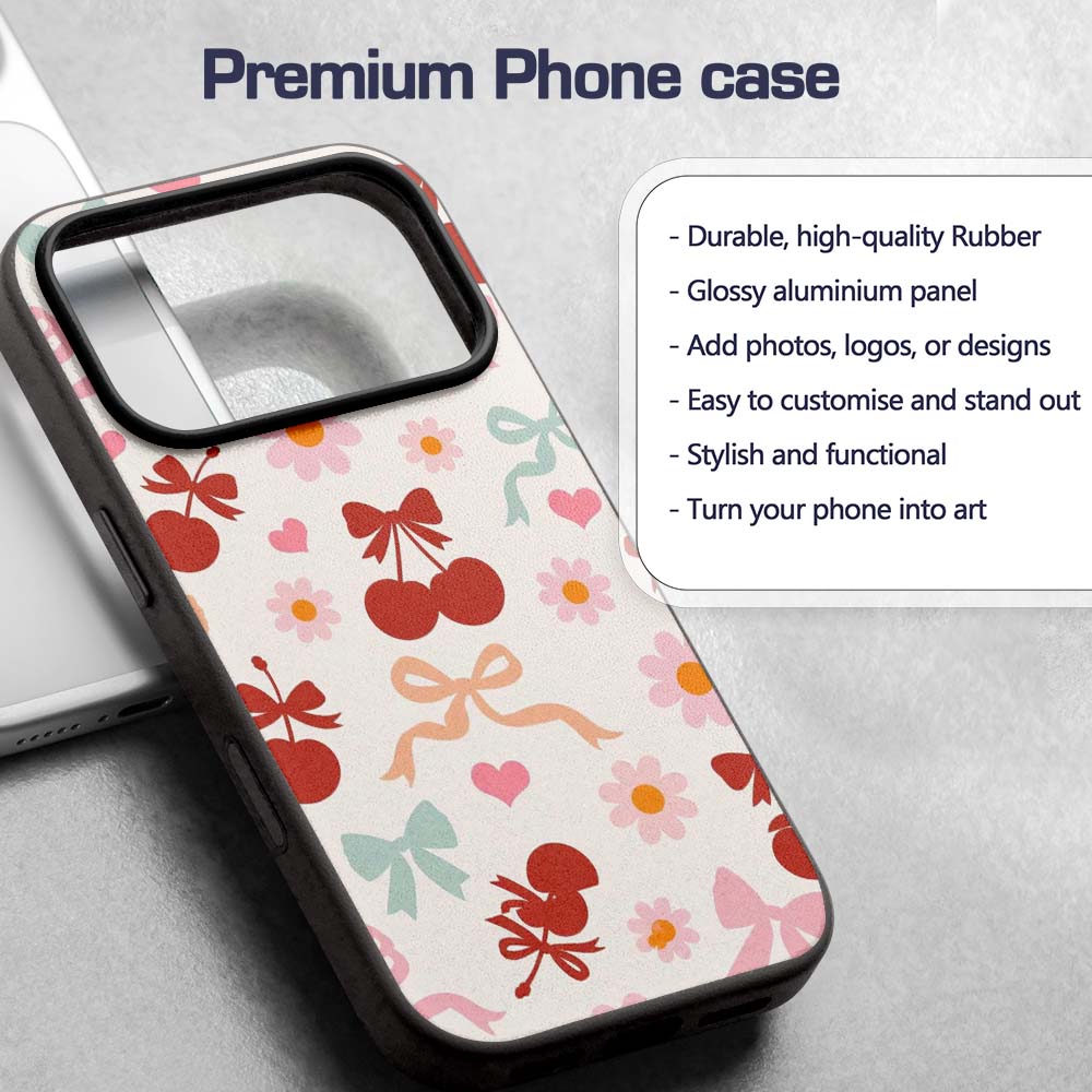 Cute Cherry Bow Daisy Heart Seamless Pattern on Custom Name Protective Phone Case Mobile Cover Durable Everyday Smartphone Shock Resistant