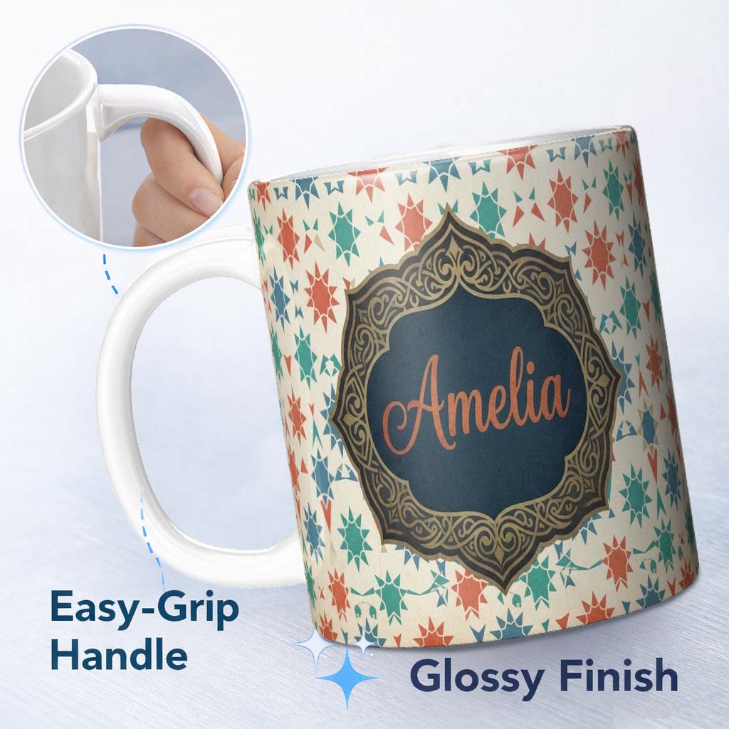 Personalized Custom Name Rainbow Stars Stripes Seamless Pattern Custom Name Cute Unique Gift 11oz Ceramic Coffee Tea Mug White Large Handle