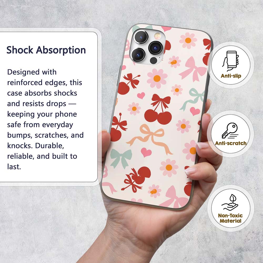 Cute Cherry Bow Daisy Heart Seamless Pattern on Custom Name Protective Phone Case Mobile Cover Durable Everyday Smartphone Shock Resistant
