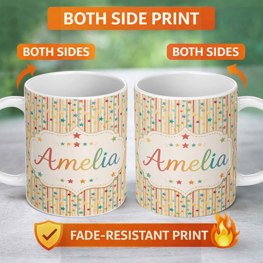 Personalized Custom Name Playful Stars Vertical Stripe Seamless Pattern Name Cute Unique Gift 11oz Ceramic Coffee Tea Mug White Large Handle