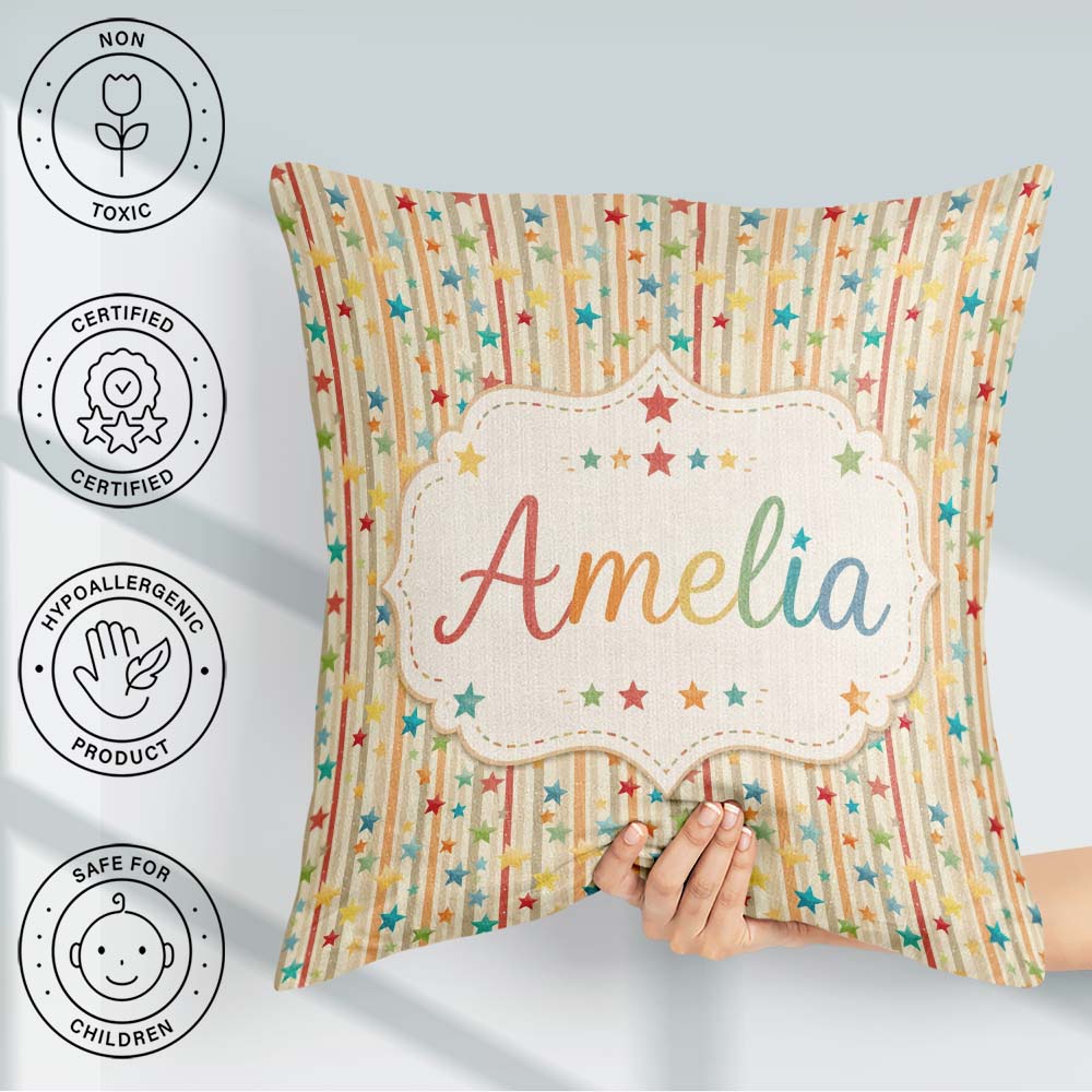 Custom Name Playful Stars Vertical Stripe Seamless Pattern Name Square Filled Cushion Throw Pillow Sofa Bed Home Decor Zip Washable UK Made