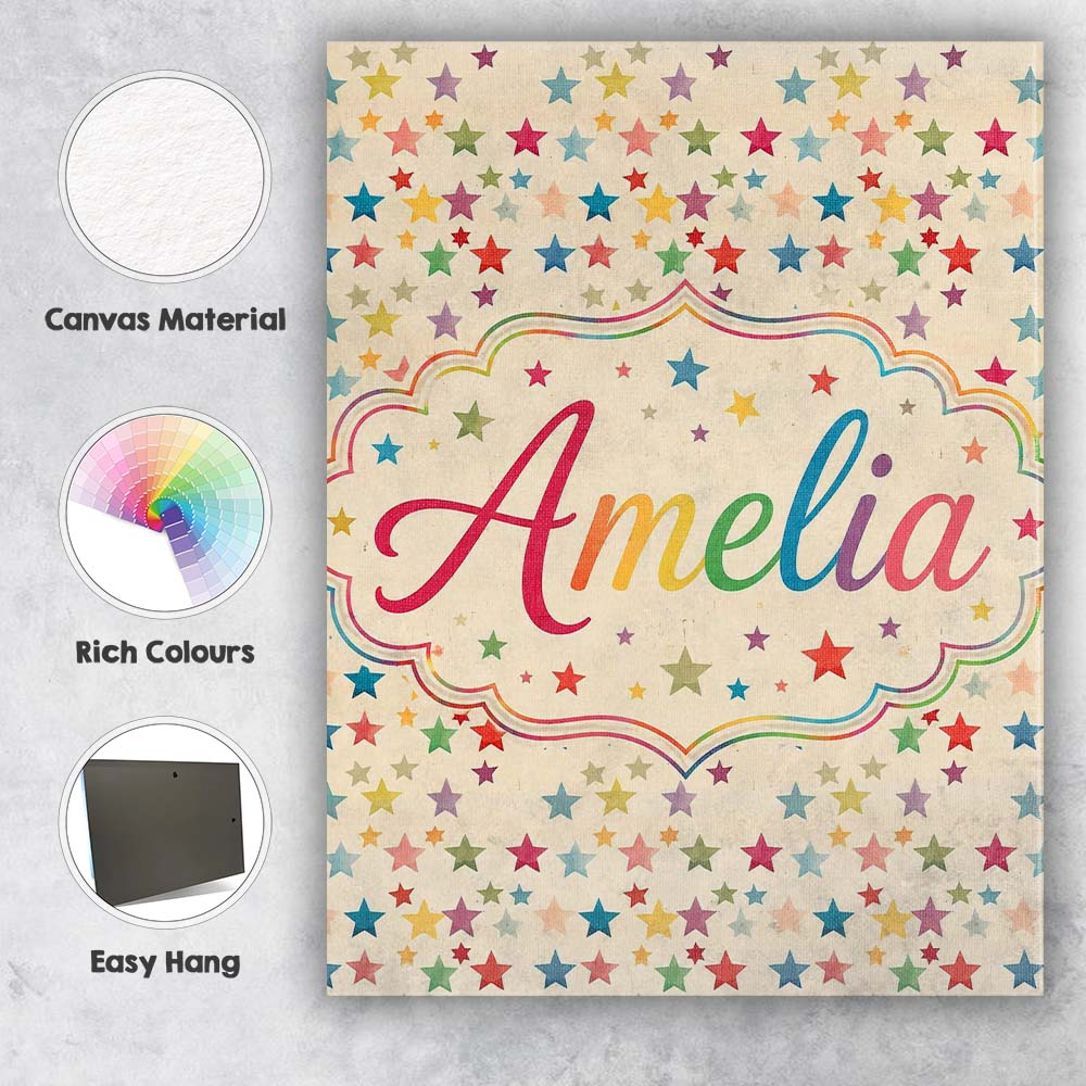 Personalised Name Colorful Scattered Stars Custom Unique Gift Idea Elegant Feature Canvas Wall Art Print Decor Picture Ready to Hang