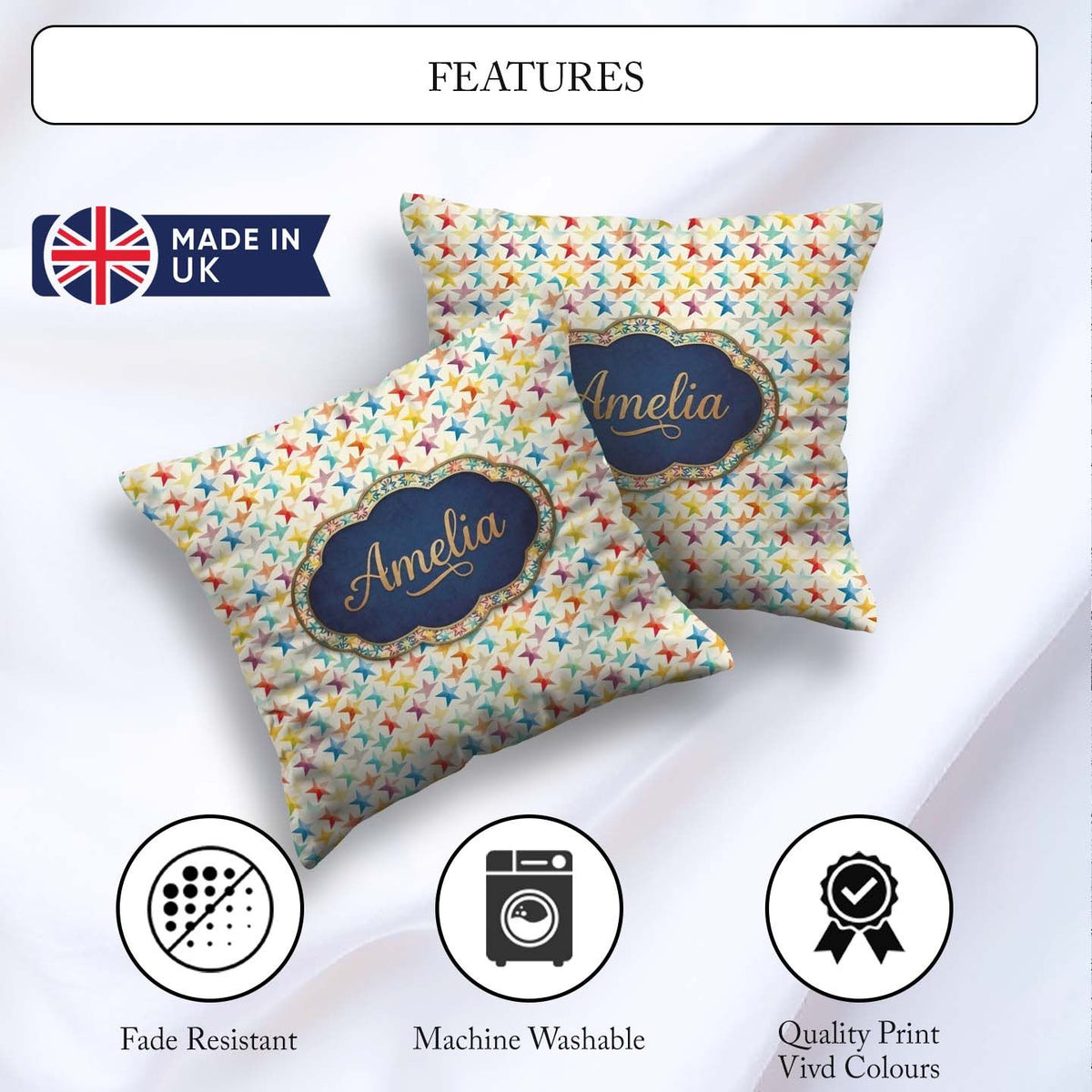Custom Name Soft Pastel Rainbow Stars Seamless Pattern Name Cute Square Filled Cushion Throw Pillow Sofa Bed Home Decor Zip Washable UK Made