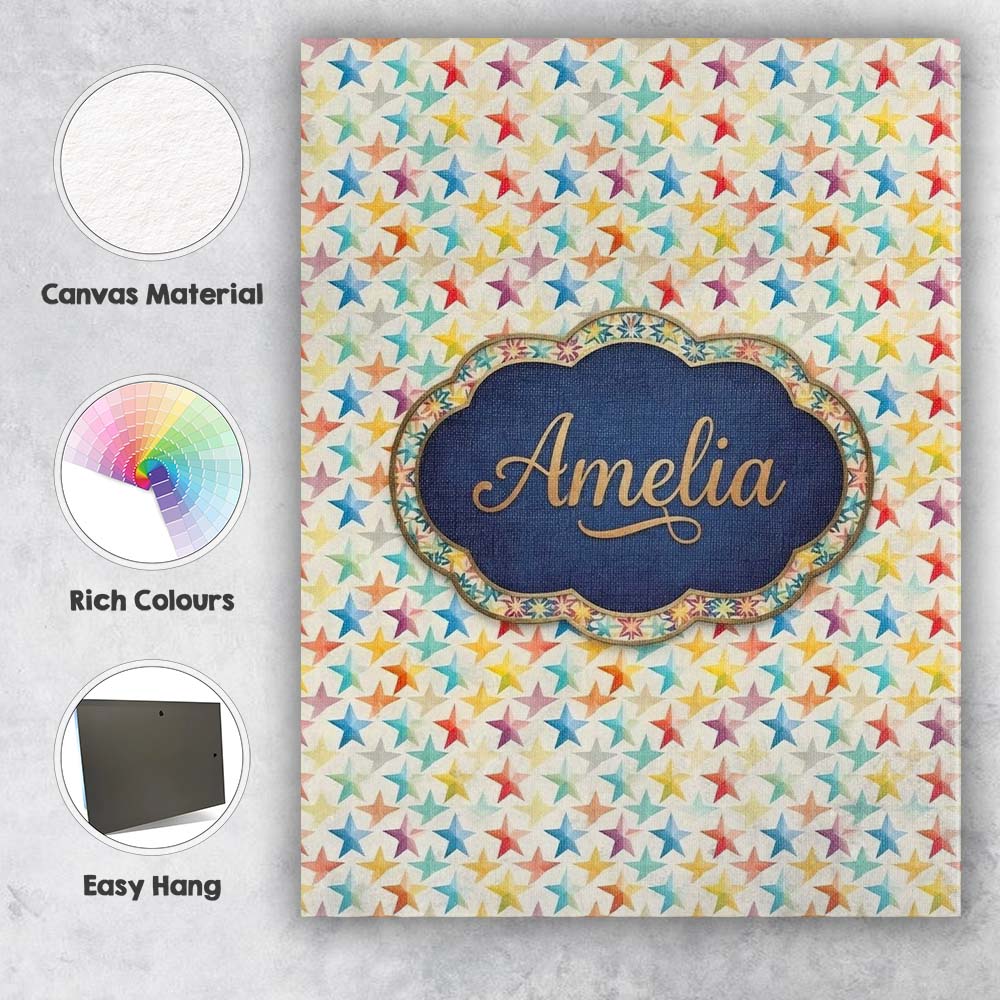 Personalised Name Soft Pastel Rainbow Stars Custom Bespoke Interior Contemporary Canvas Wall Art Print Decor Picture Ready to Hang