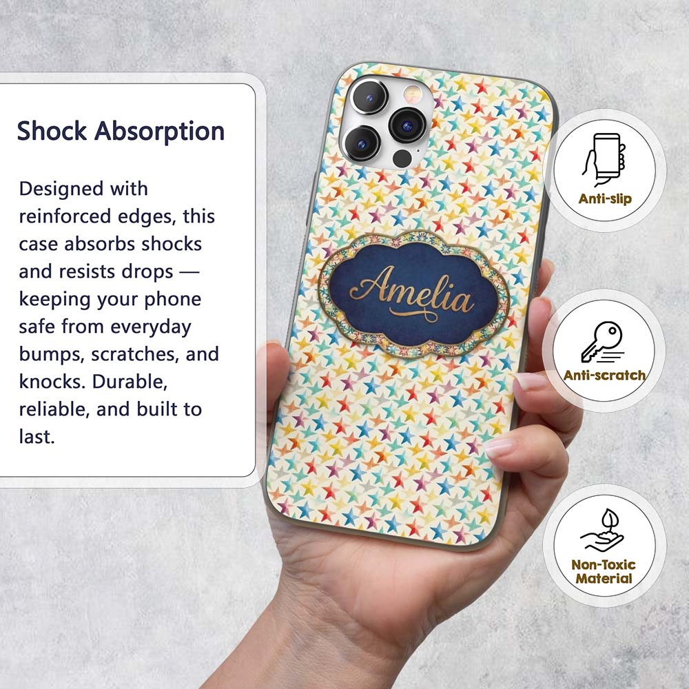 Soft Pastel Rainbow Stars Seamless Pattern Name Custom Name Protective Phone Case Mobile Cover Durable Everyday Smartphone Shock Resistant