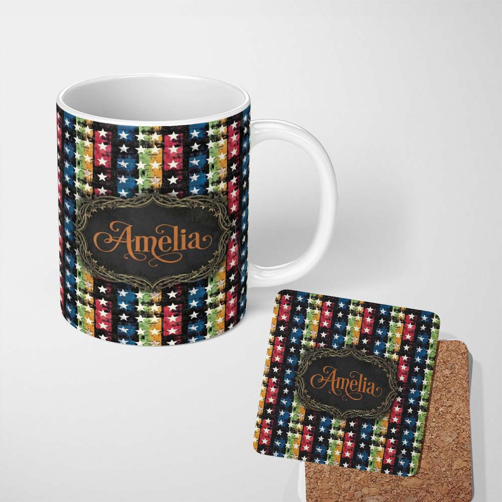 Personalized Custom Name Grunge Rainbow Stripe Stars Dark Background Seamless Pattern Name 11oz Ceramic Coffee Tea Mug White Large Handle