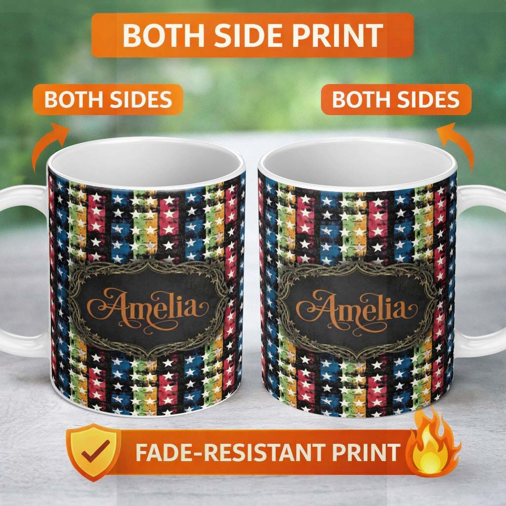 Personalized Custom Name Grunge Rainbow Stripe Stars Dark Background Seamless Pattern Name 11oz Ceramic Coffee Tea Mug White Large Handle