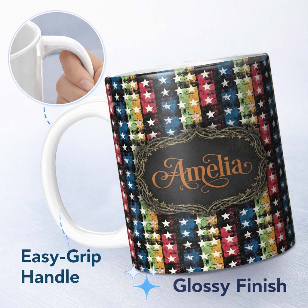 Personalized Custom Name Grunge Rainbow Stripe Stars Dark Background Seamless Pattern Name 11oz Ceramic Coffee Tea Mug White Large Handle