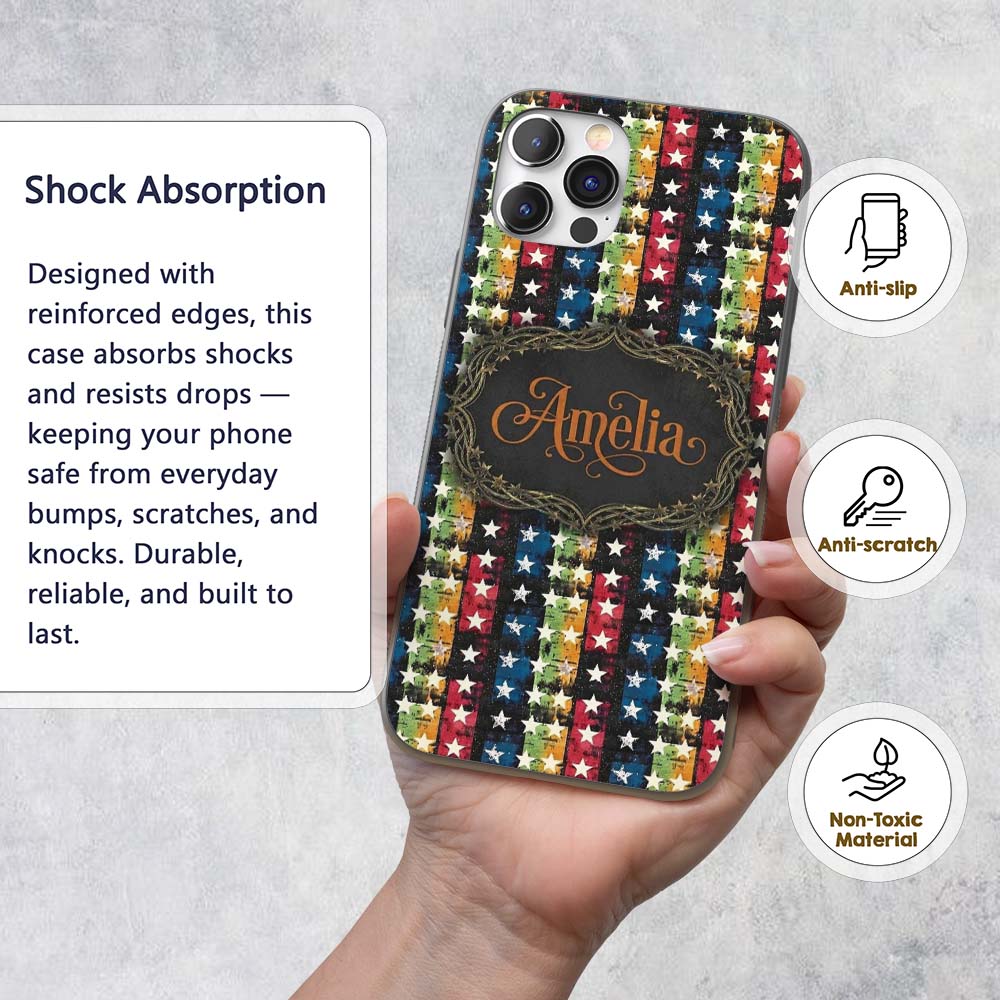 Grunge Rainbow Stripe Stars Dark Printed Design Custom Name Protective Phone Case Mobile Cover Durable Everyday Smartphone Shock Resistant