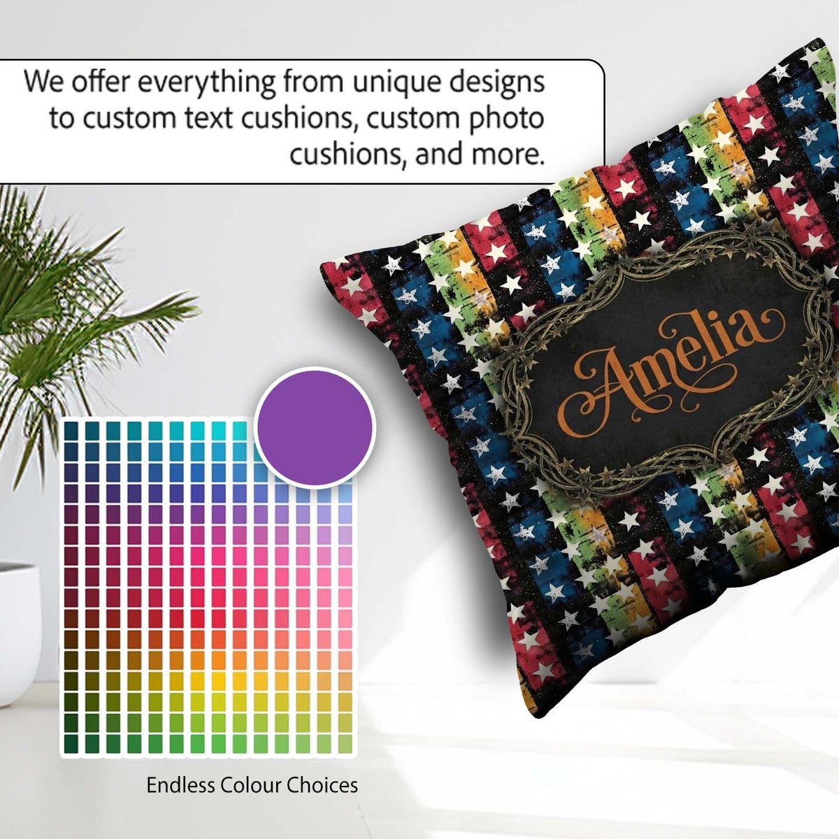 Custom Name Grunge Rainbow Stripe Stars Dark Background Seamless Square Filled Cushion Throw Pillow Sofa Bed Home Decor Zip Washable UK Made