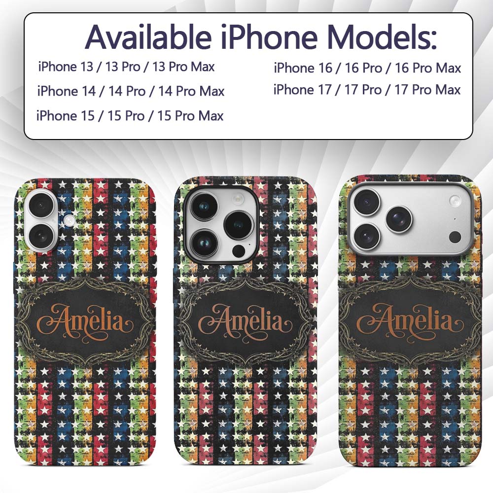 Grunge Rainbow Stripe Stars Dark Printed Design Custom Name Protective Phone Case Mobile Cover Durable Everyday Smartphone Shock Resistant