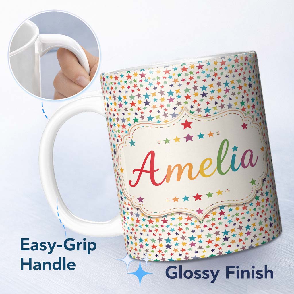 Personalized Custom Name Bright Multicolor Star Scatter Seamless Pattern Name Cute Unique 11oz Ceramic Coffee Tea Mug White Large Handle