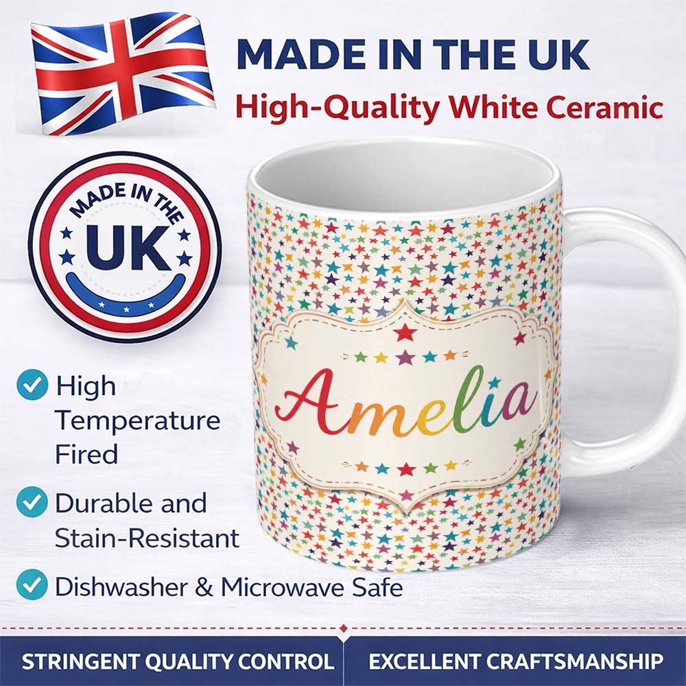 Personalized Custom Name Bright Multicolor Star Scatter Seamless Pattern Name Cute Unique 11oz Ceramic Coffee Tea Mug White Large Handle