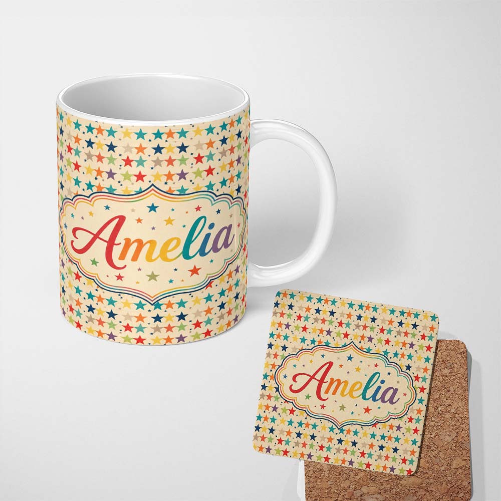 Personalized Custom Name Horizontal Stripe Stars Vintage Style Seamless Pattern Name Cute 11oz Ceramic Coffee Tea Mug White Large Handle