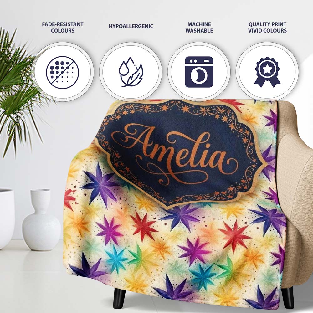 Colorful Floral Starburst Abstract Seamless Pattern Name Cute Personalised Custom Name Super Soft Fleece Blanket Bed Sofa Throw