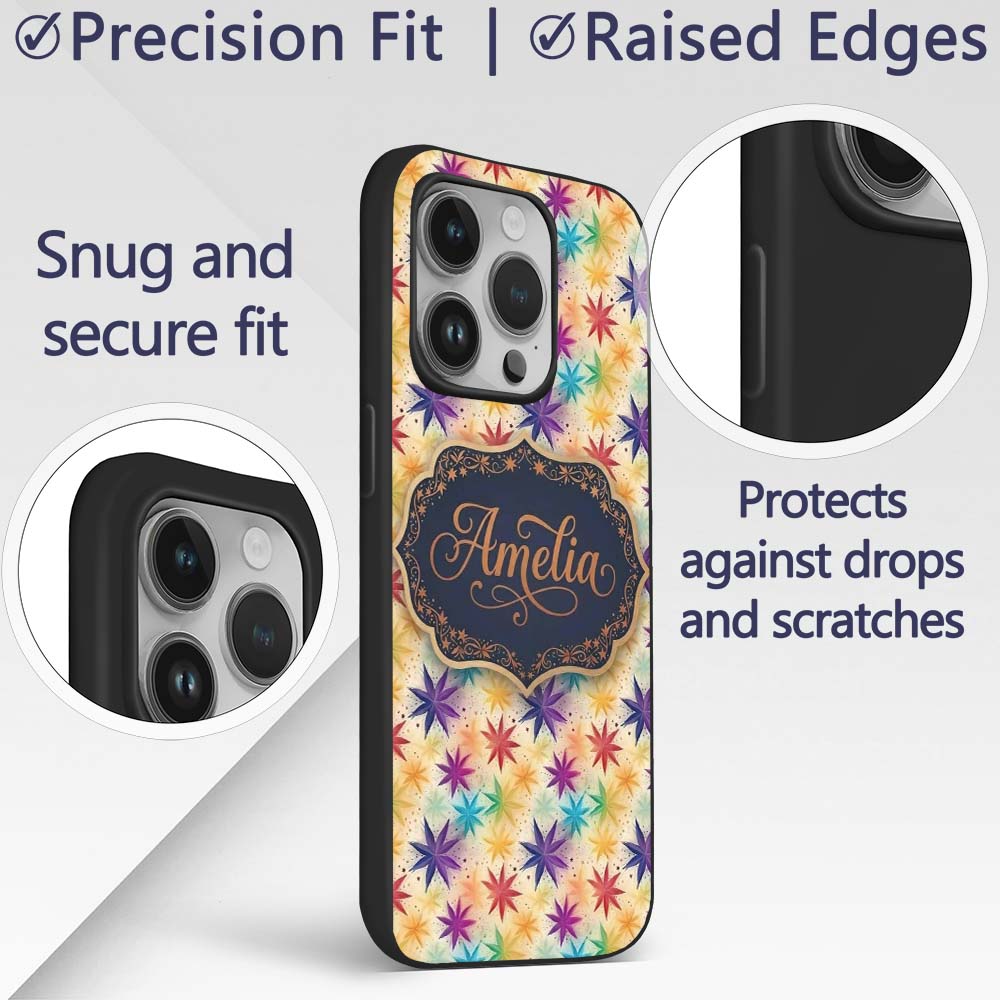 Colorful Floral Starburst Abstract Printed Design Custom Name Protective Phone Case Mobile Cover Durable Everyday Smartphone Shock Resistant