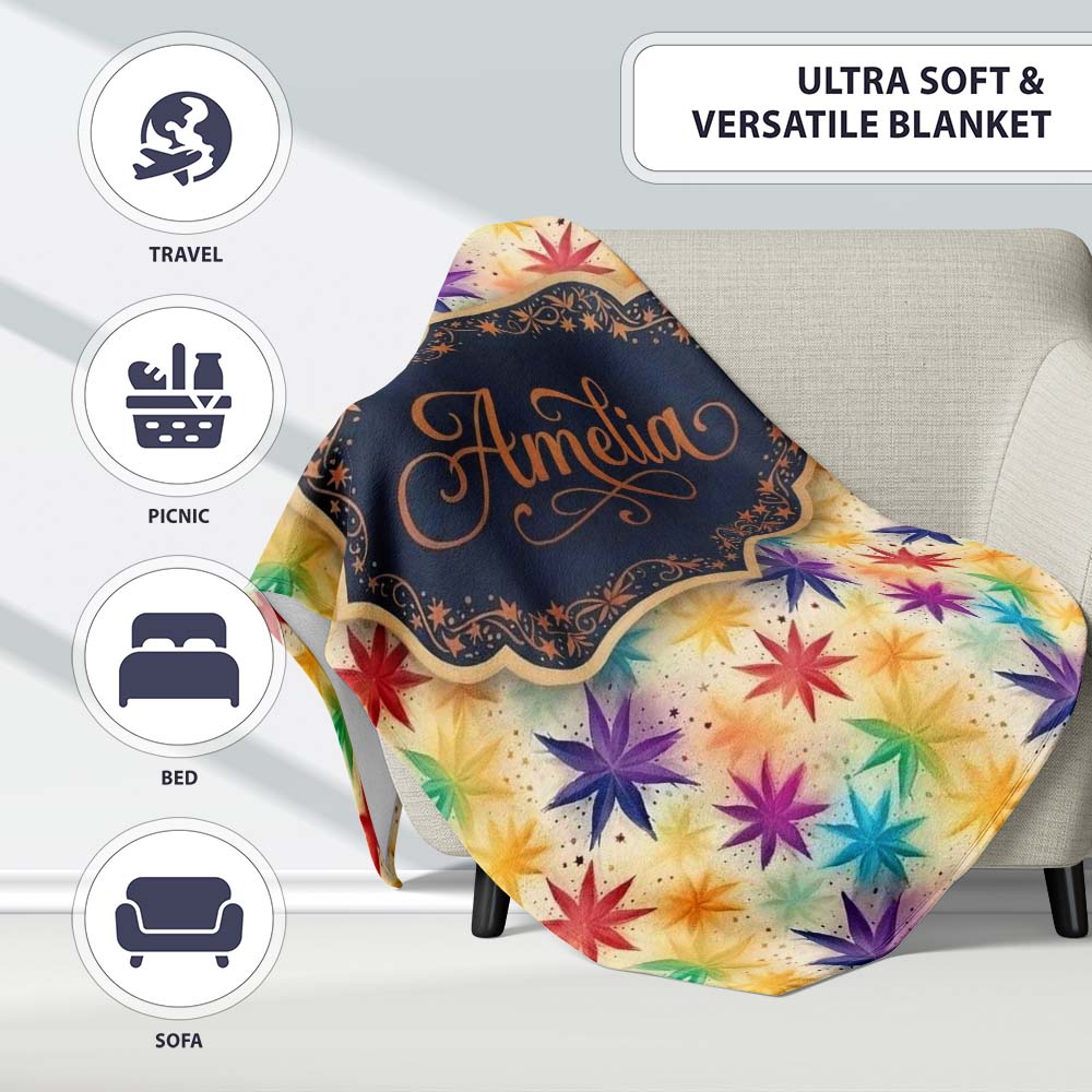 Colorful Floral Starburst Abstract Seamless Pattern Name Cute Personalised Custom Name Super Soft Fleece Blanket Bed Sofa Throw