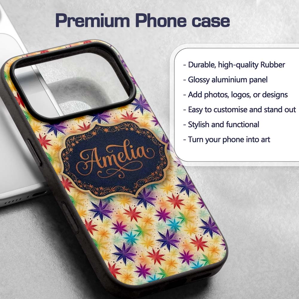 Colorful Floral Starburst Abstract Printed Design Custom Name Protective Phone Case Mobile Cover Durable Everyday Smartphone Shock Resistant