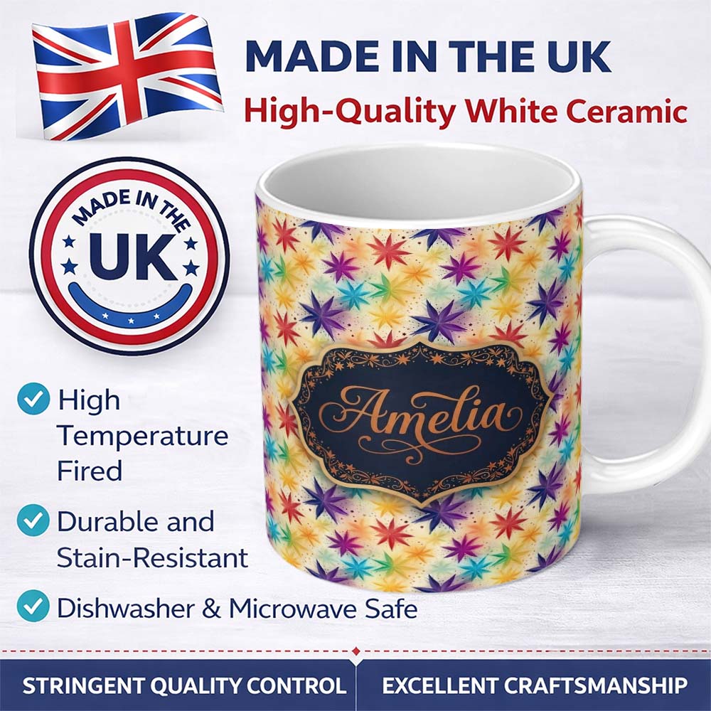 Personalized Custom Name Colorful Floral Starburst Abstract Seamless Pattern Name Cute 11oz Ceramic Coffee Tea Mug White Large Handle