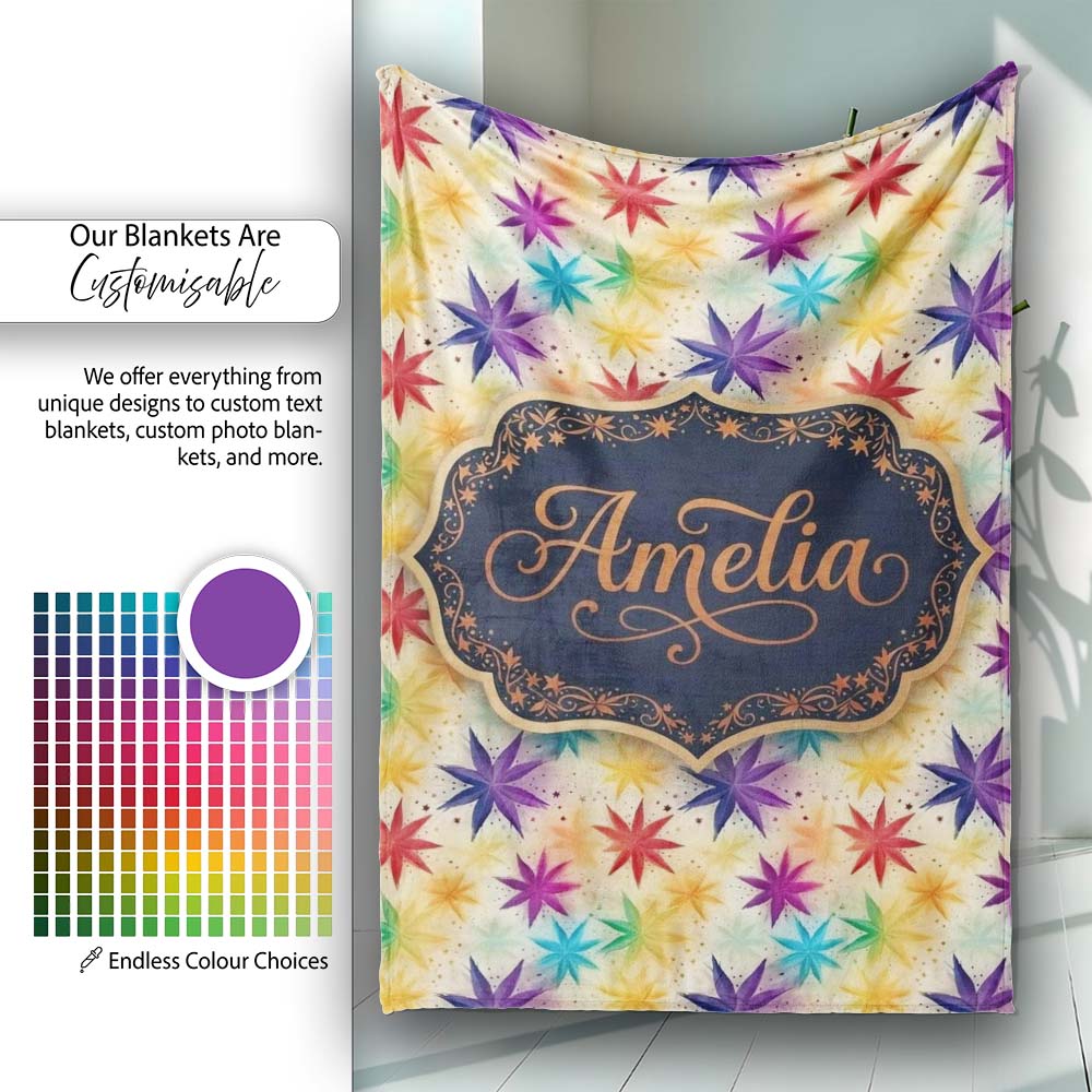 Colorful Floral Starburst Abstract Seamless Pattern Name Cute Personalised Custom Name Super Soft Fleece Blanket Bed Sofa Throw