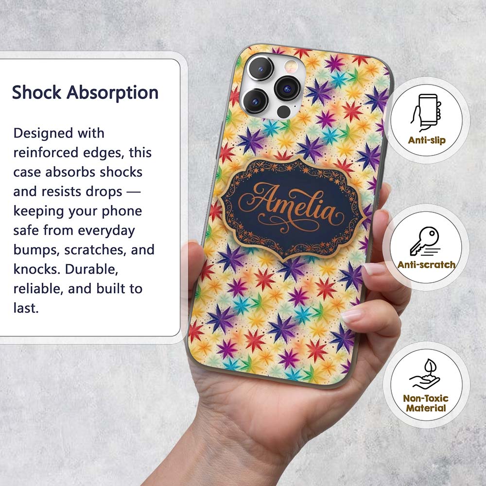 Colorful Floral Starburst Abstract Printed Design Custom Name Protective Phone Case Mobile Cover Durable Everyday Smartphone Shock Resistant