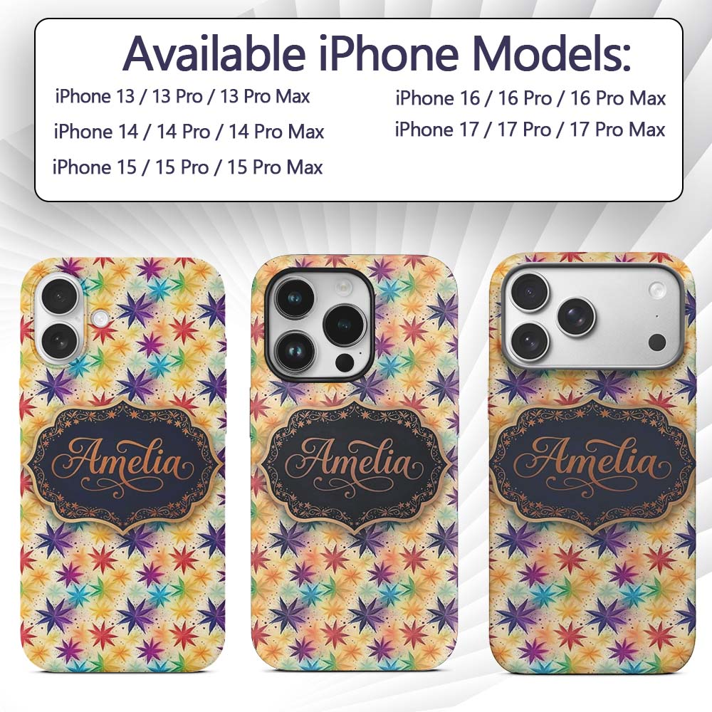 Colorful Floral Starburst Abstract Printed Design Custom Name Protective Phone Case Mobile Cover Durable Everyday Smartphone Shock Resistant