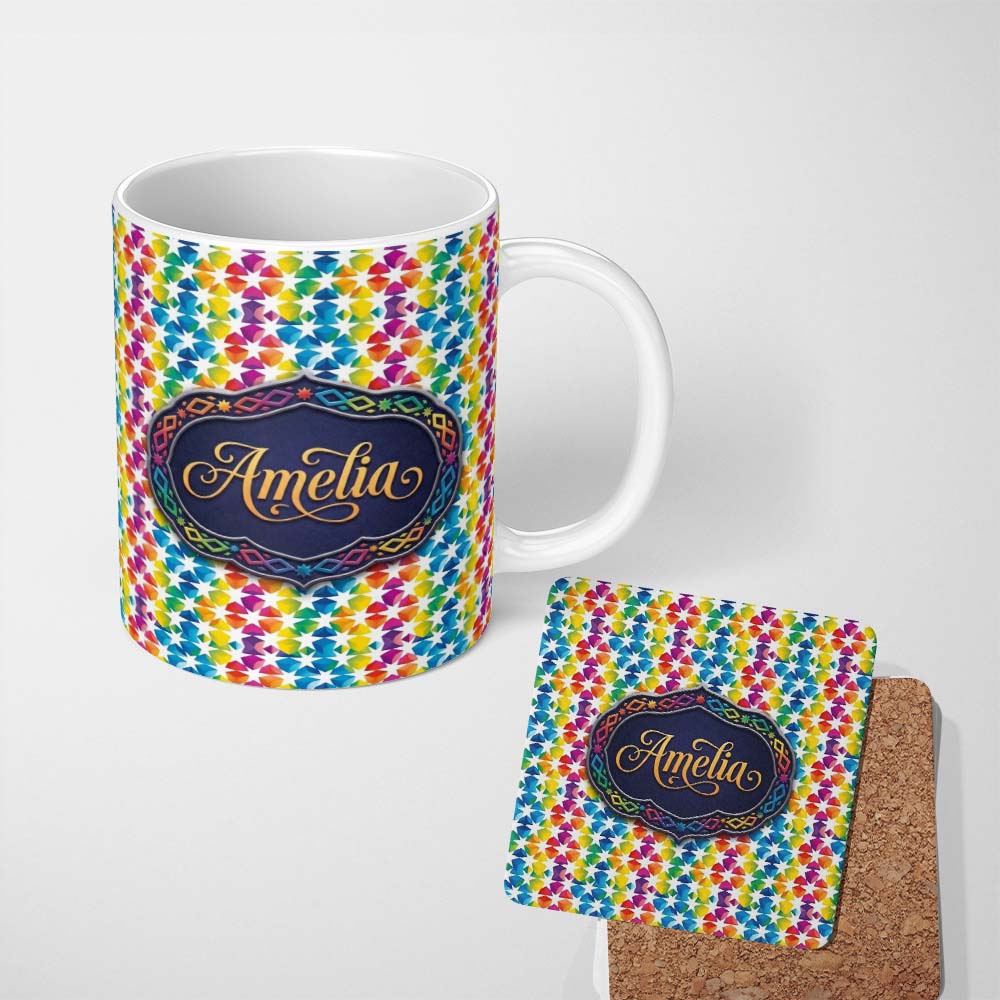 Personalized Custom Name Geometric Rainbow Star Tile Seamless Pattern Name Cute Unique Gift 11oz Ceramic Coffee Tea Mug White Large Handle