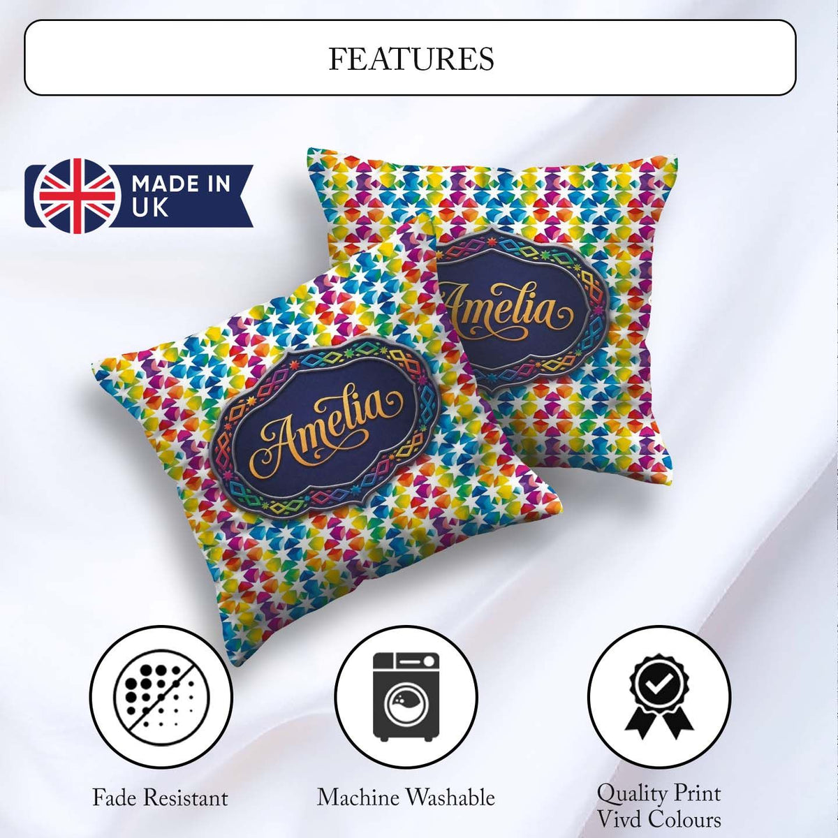 Custom Name Geometric Rainbow Star Tile Seamless Pattern Name Square Filled Cushion Throw Pillow Sofa Bed Home Decor Zip Washable UK Made