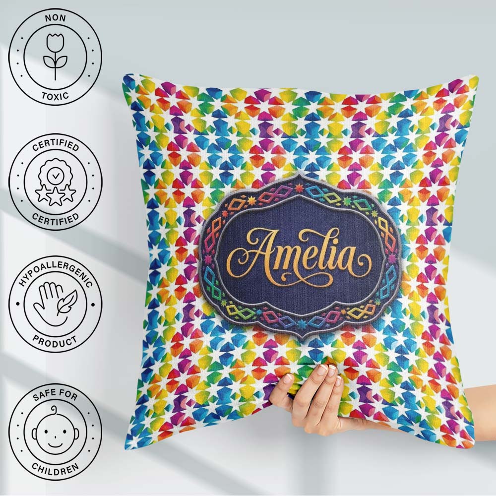 Custom Name Geometric Rainbow Star Tile Seamless Pattern Name Square Filled Cushion Throw Pillow Sofa Bed Home Decor Zip Washable UK Made