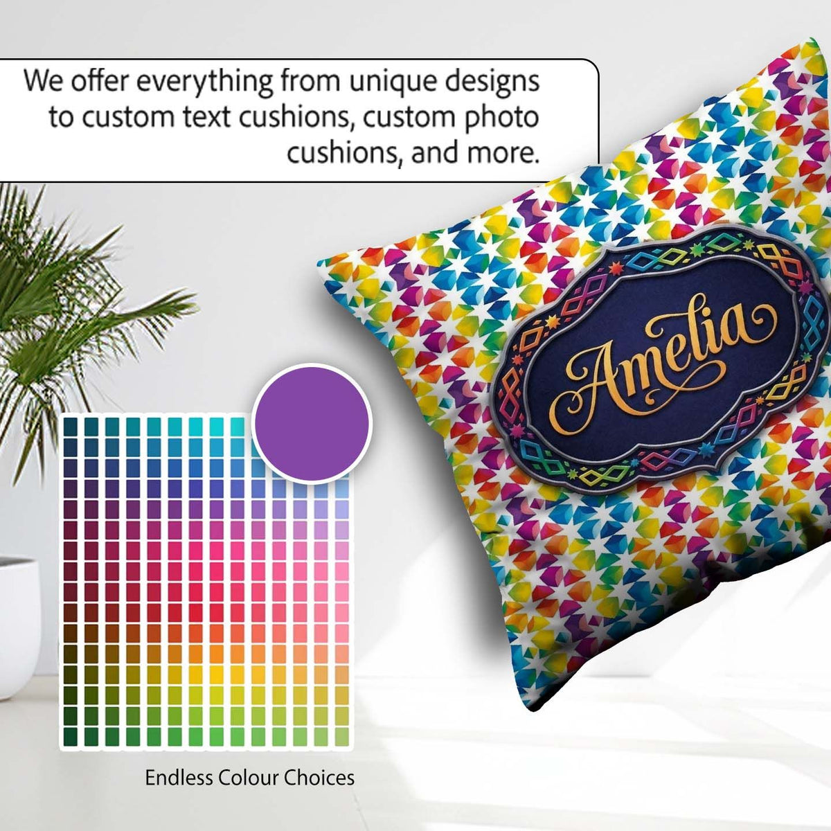 Custom Name Geometric Rainbow Star Tile Seamless Pattern Name Square Filled Cushion Throw Pillow Sofa Bed Home Decor Zip Washable UK Made