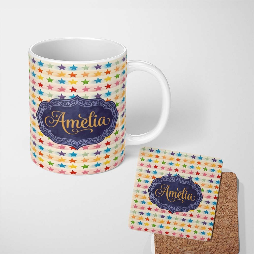 Personalized Custom Name Watercolor Stripe Rainbow Stars Soft Pastel Seamless Pattern Name 11oz Ceramic Coffee Tea Mug White Large Handle
