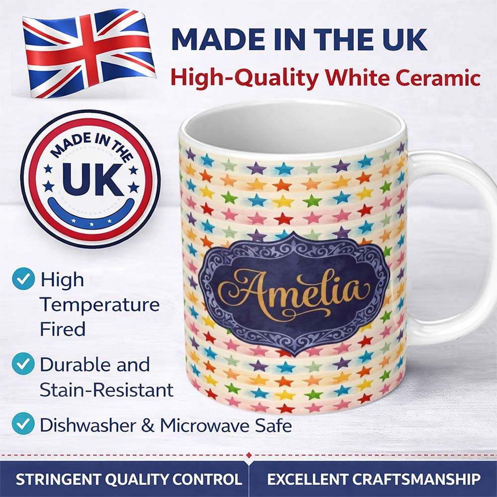 Personalized Custom Name Watercolor Stripe Rainbow Stars Soft Pastel Seamless Pattern Name 11oz Ceramic Coffee Tea Mug White Large Handle