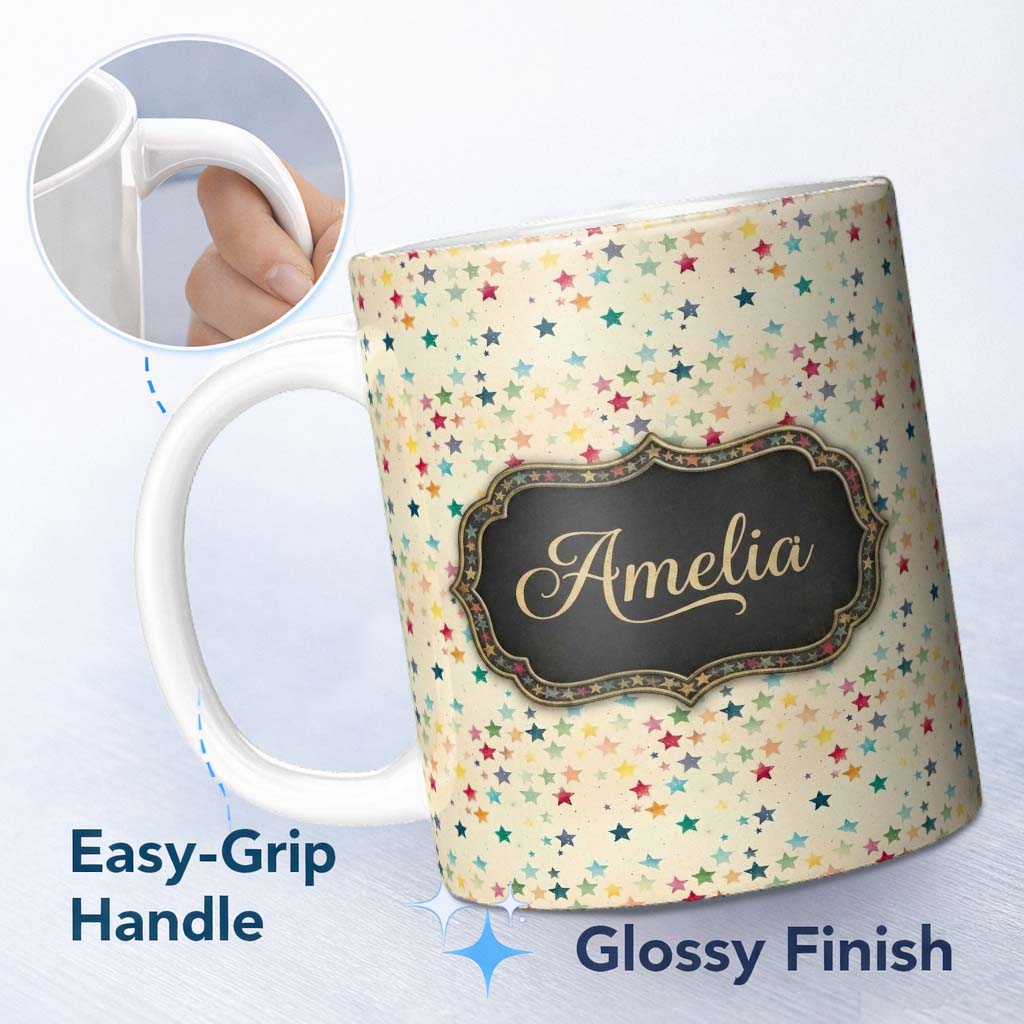 Personalized Custom Name Soft Pastel Multicolor Stars Subtle Speckled Background Seamless 11oz Ceramic Coffee Tea Mug White Large Handle
