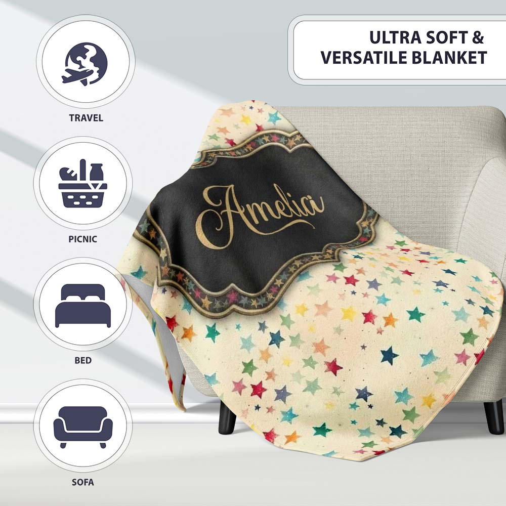 Soft Pastel Multicolor Stars Subtle Speckled Background Seamless Personalised Custom Name Super Soft Fleece Blanket Bed Sofa Throw