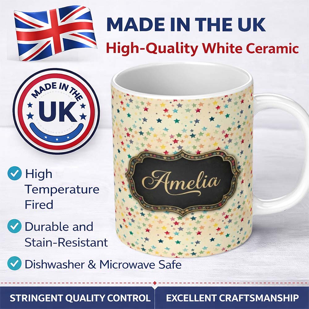 Personalized Custom Name Soft Pastel Multicolor Stars Subtle Speckled Background Seamless 11oz Ceramic Coffee Tea Mug White Large Handle