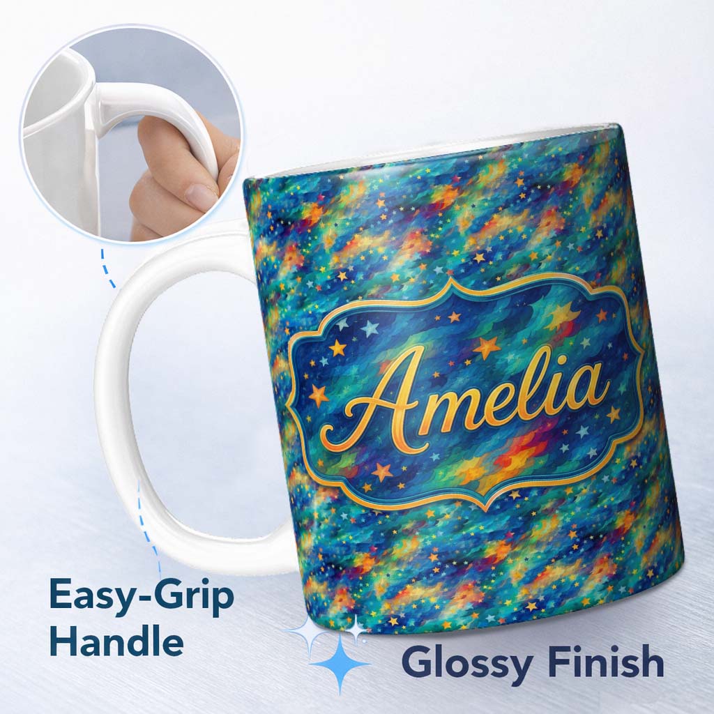 Personalized Custom Name Vibrant Galaxy Swirl Stars Cosmic Night Sky Seamless Pattern Name 11oz Ceramic Coffee Tea Mug White Large Handle