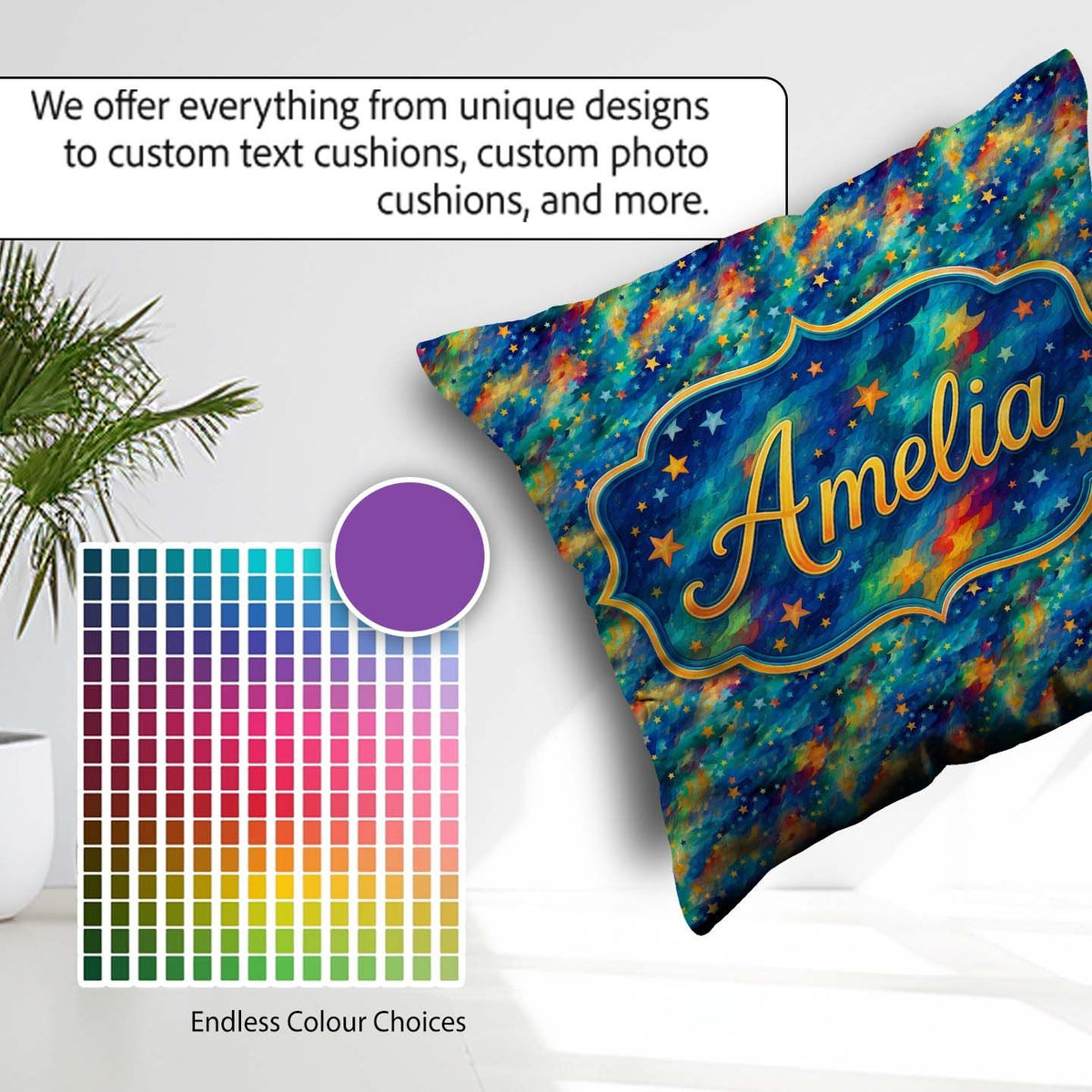 Custom Name Vibrant Galaxy Swirl Stars Cosmic Night Sky Seamless Square Filled Cushion Throw Pillow Sofa Bed Home Decor Zip Washable UK Made
