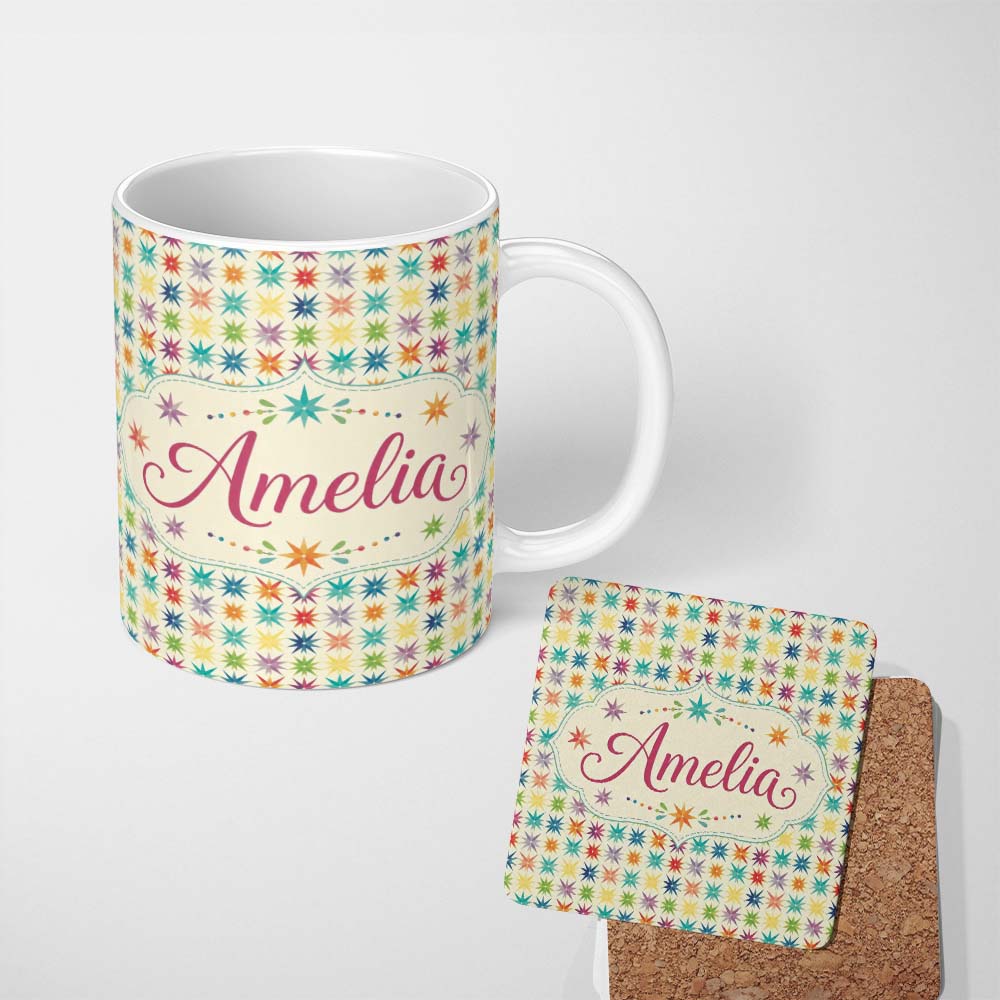 Personalized Custom Name Geometric Starburst Multicolor Repeat Seamless Pattern Name Cute 11oz Ceramic Coffee Tea Mug White Large Handle
