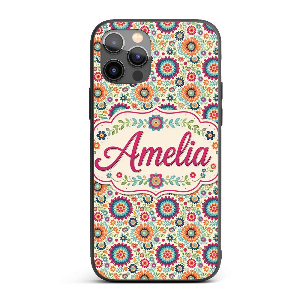 Bright Folk Art Floral Ditsy Pattern Colorful Custom Name Protective Phone Case Mobile Cover Durable Everyday Smartphone Shock Resistant