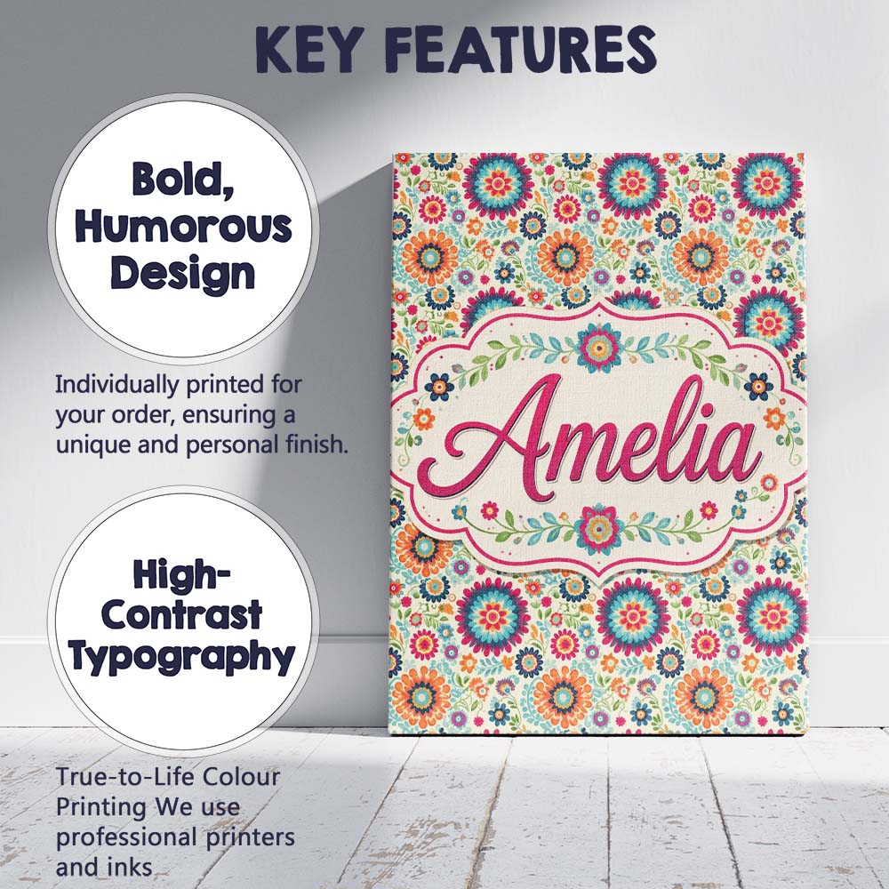 Personalised Name Bright Folk Floral Custom Contemporary Display Elegant Feature Canvas Wall Art Print Decor Picture Ready to Hang