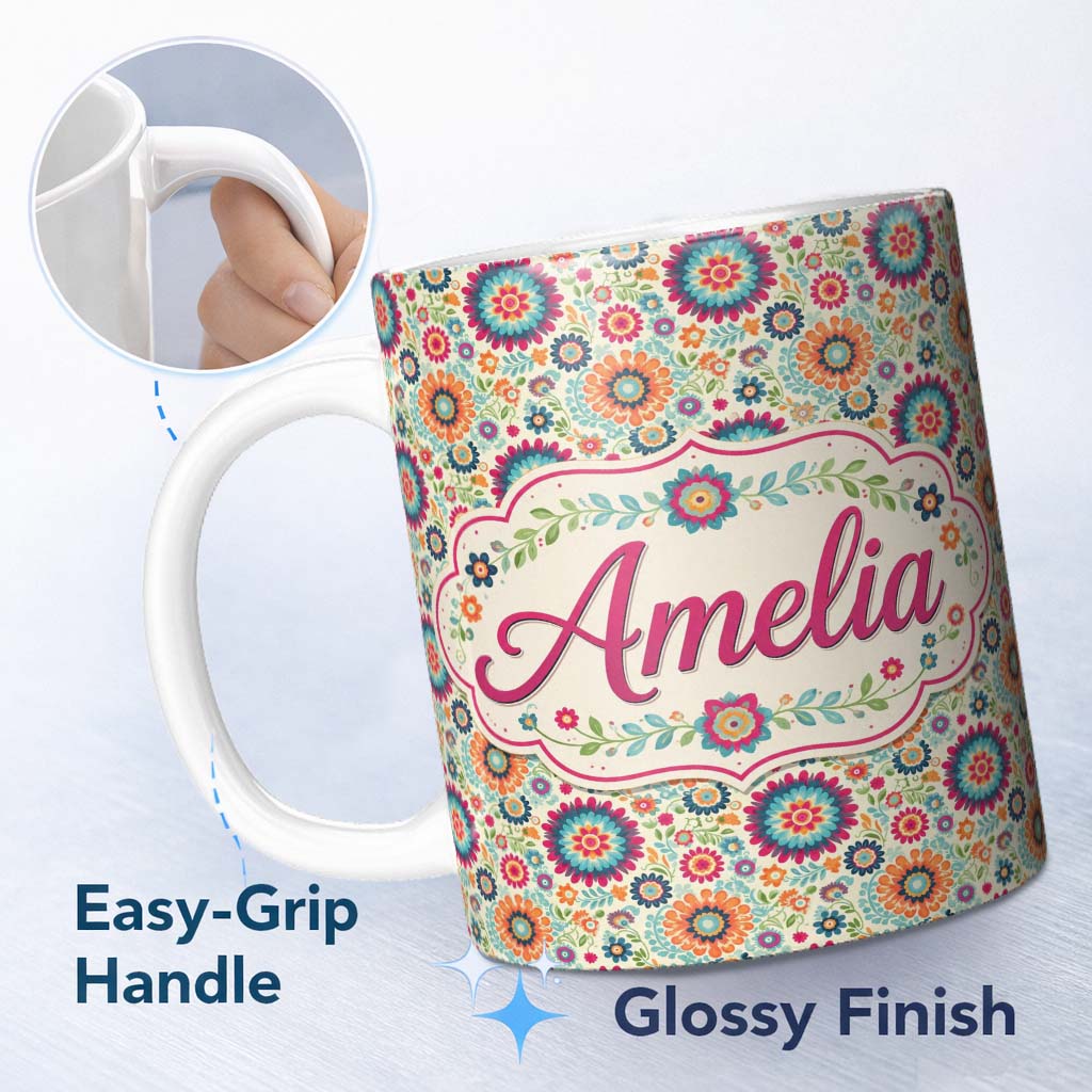 Personalized Custom Name Bright Folk Art Floral Ditsy Pattern Colorful Flowers Seamless Name 11oz Ceramic Coffee Tea Mug White Large Handle