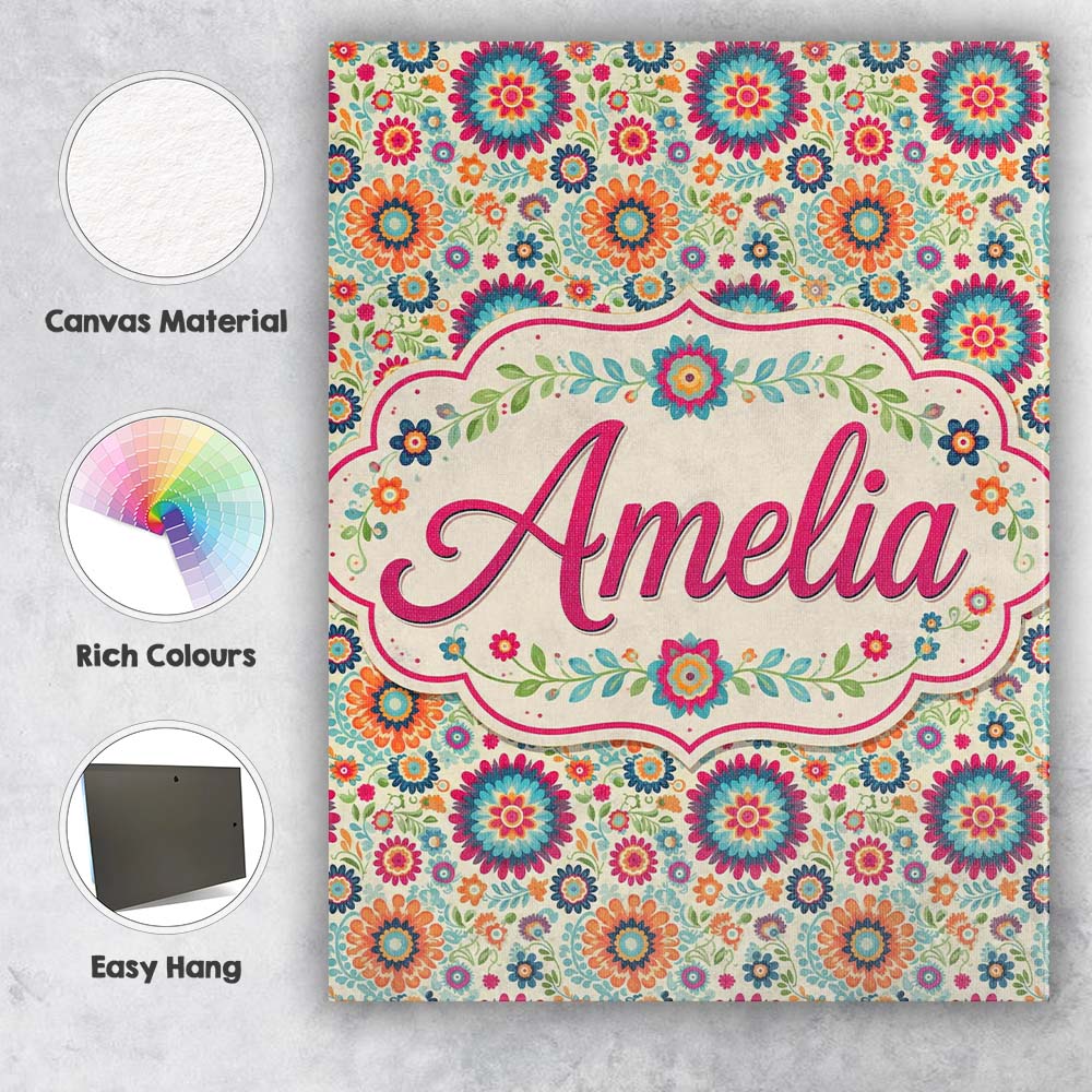 Personalised Name Bright Folk Floral Custom Contemporary Display Elegant Feature Canvas Wall Art Print Decor Picture Ready to Hang