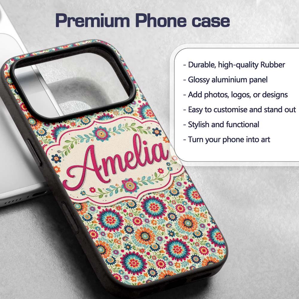 Bright Folk Art Floral Ditsy Pattern Colorful Custom Name Protective Phone Case Mobile Cover Durable Everyday Smartphone Shock Resistant