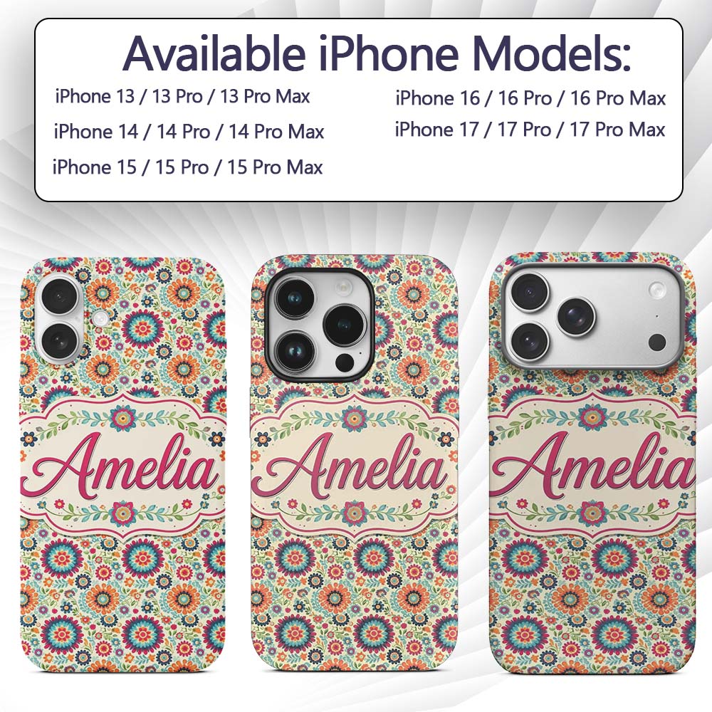 Bright Folk Art Floral Ditsy Pattern Colorful Custom Name Protective Phone Case Mobile Cover Durable Everyday Smartphone Shock Resistant
